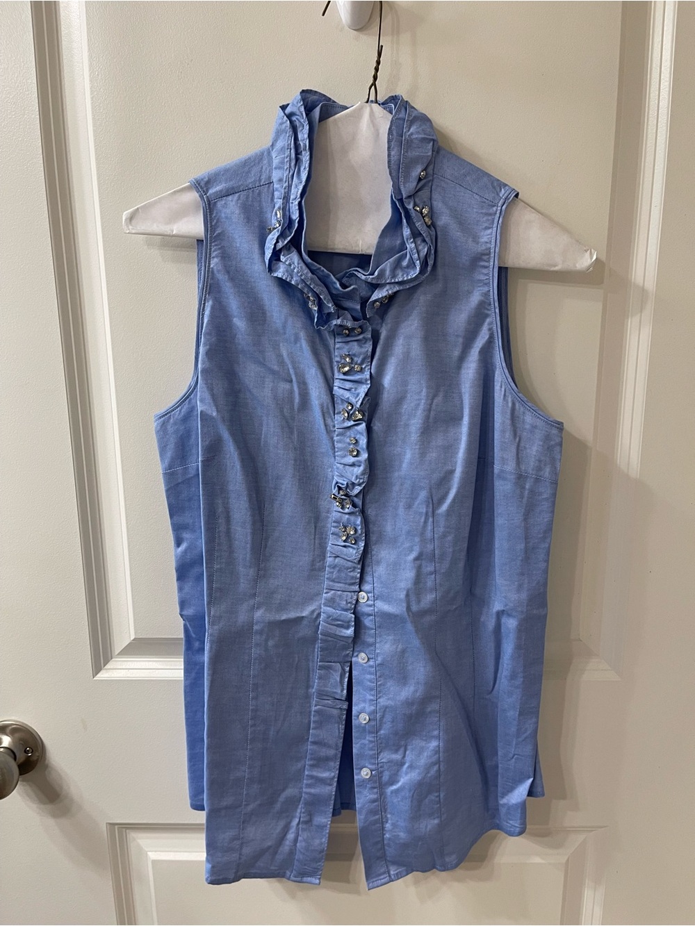 White House Black Market Light Blue Ruffled Collar Blouse